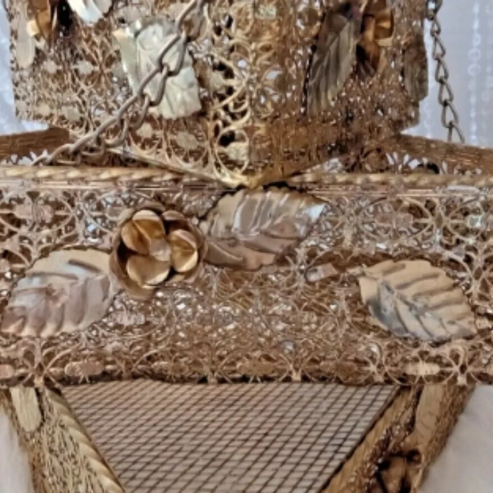 Vintage Hollywood Regency Gold Metal Wire Hanging Baskets 3 Tier